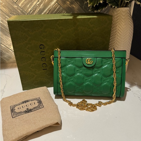 GUCCI Calfskin Green Matelasse bag Small with gold chain and canvas strap EUC - Picture 7 of 9